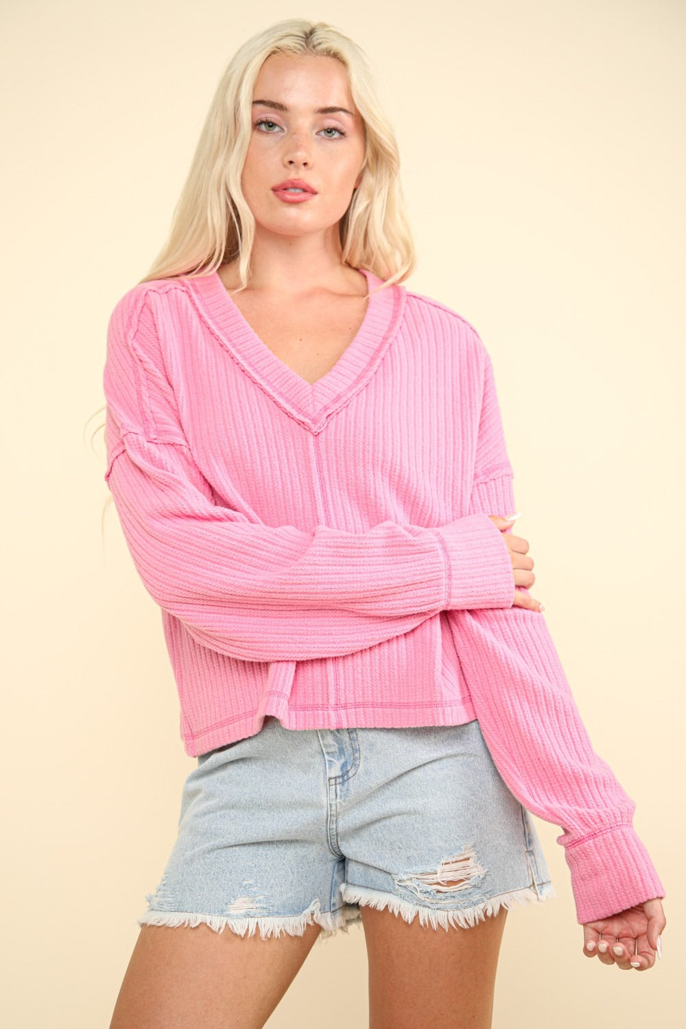 VERY J Exposed Seam V-Neck Ribbed Knit Top Luxe Trendsi Pink S 