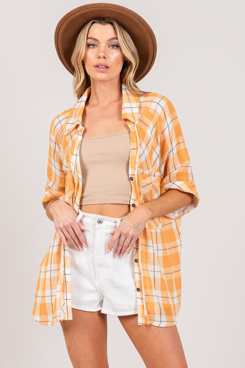 SAGE + FIG Plaid Button Up Side Slit Shirt  Trendsi APRICOT S 