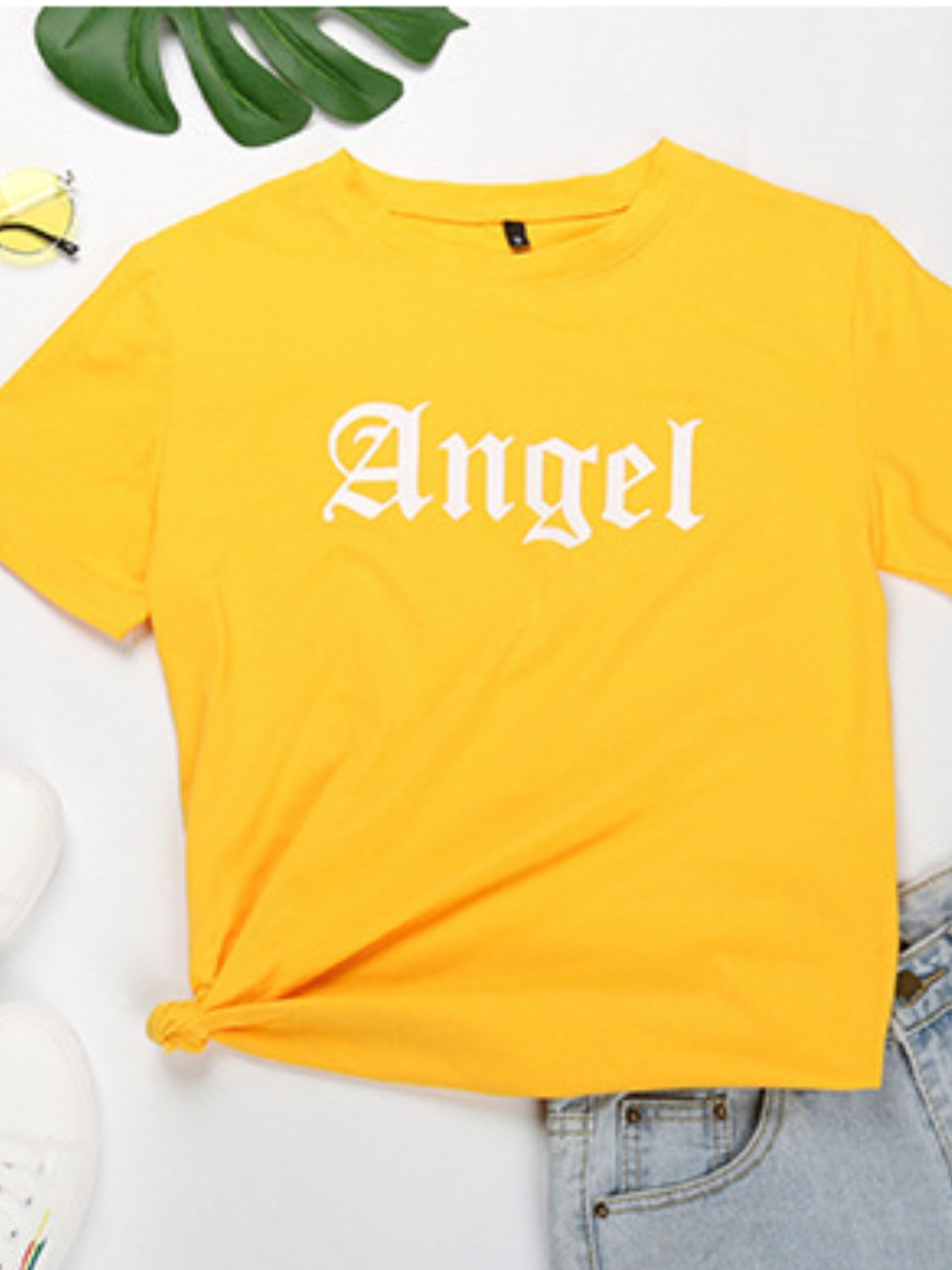 Perfee ANGEL Round Neck Short Sleeve T-Shirt T-Shirt Trendsi   