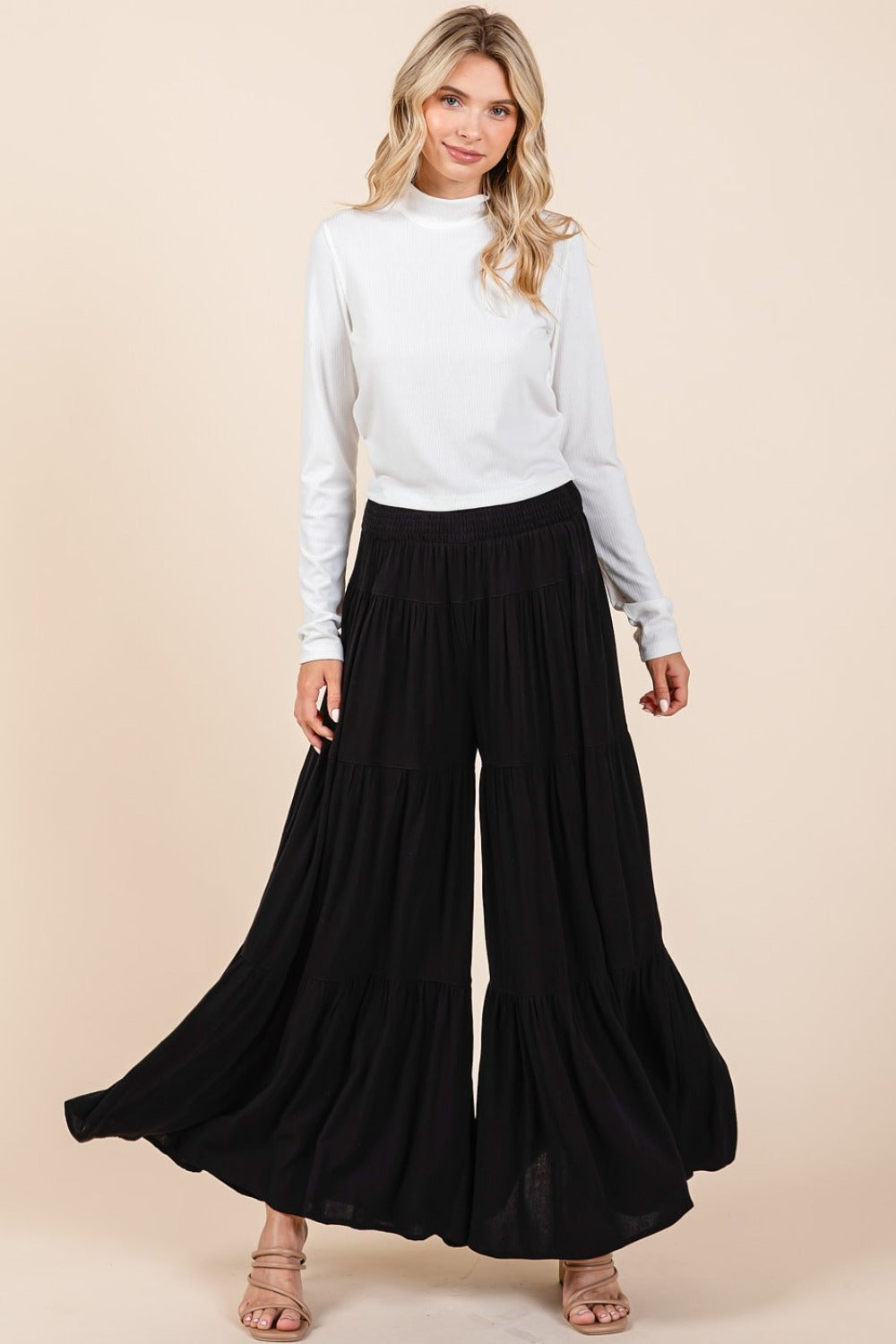 Mittoshop Tier Detail Smocked Elastic Waist Wide Leg Pants  Trendsi   