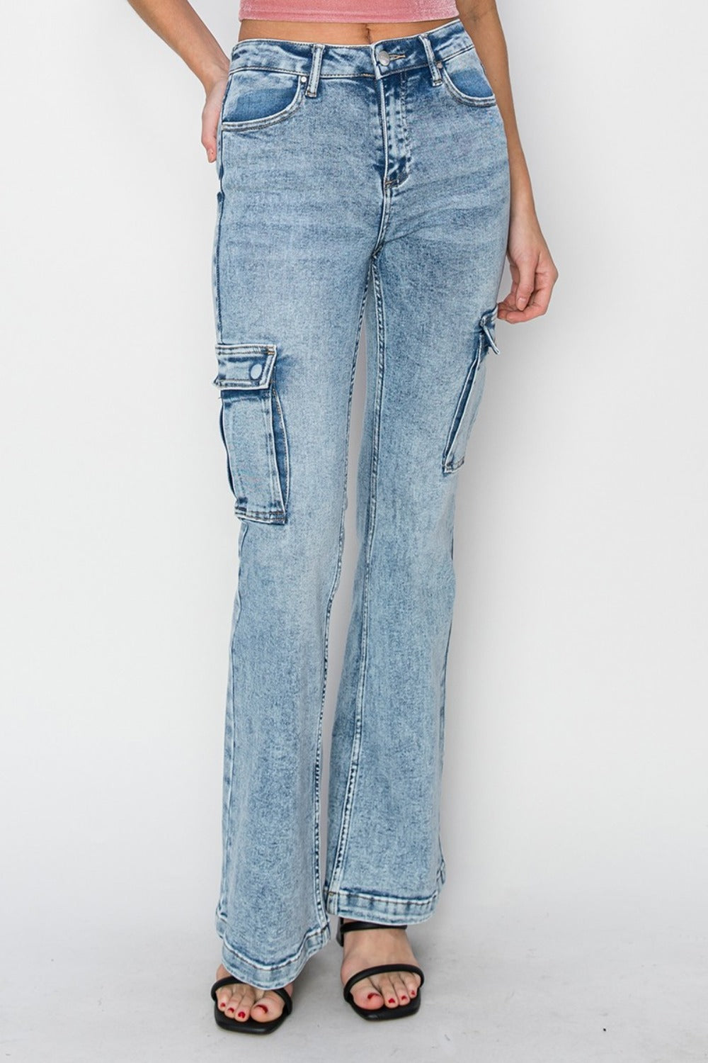 RISEN Full Size High Rise Cargo Flare Jeans  Trendsi   