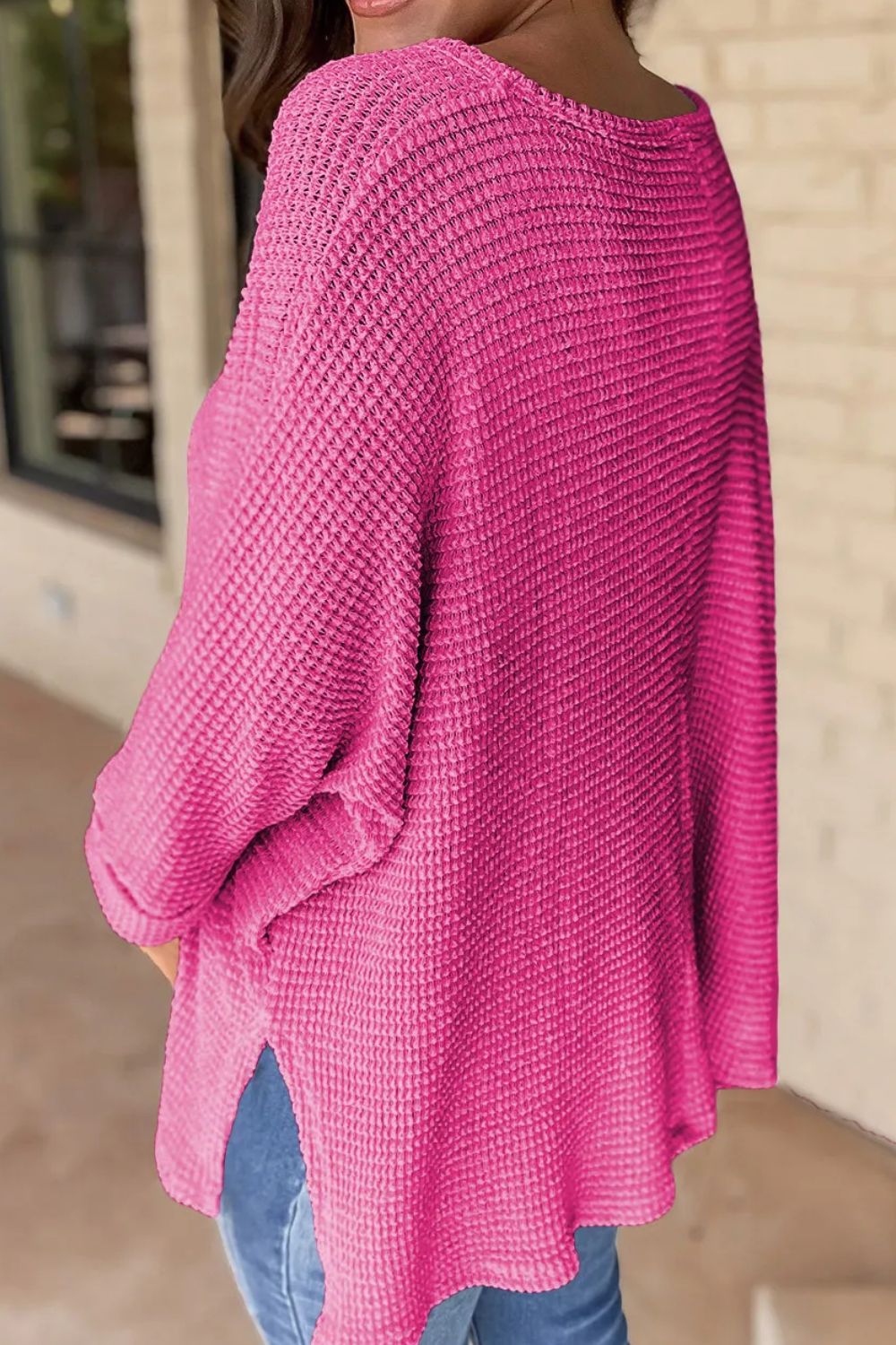 Waffle-Knit Slit V-Neck Long Sleeve Blouse Blouse Trendsi   