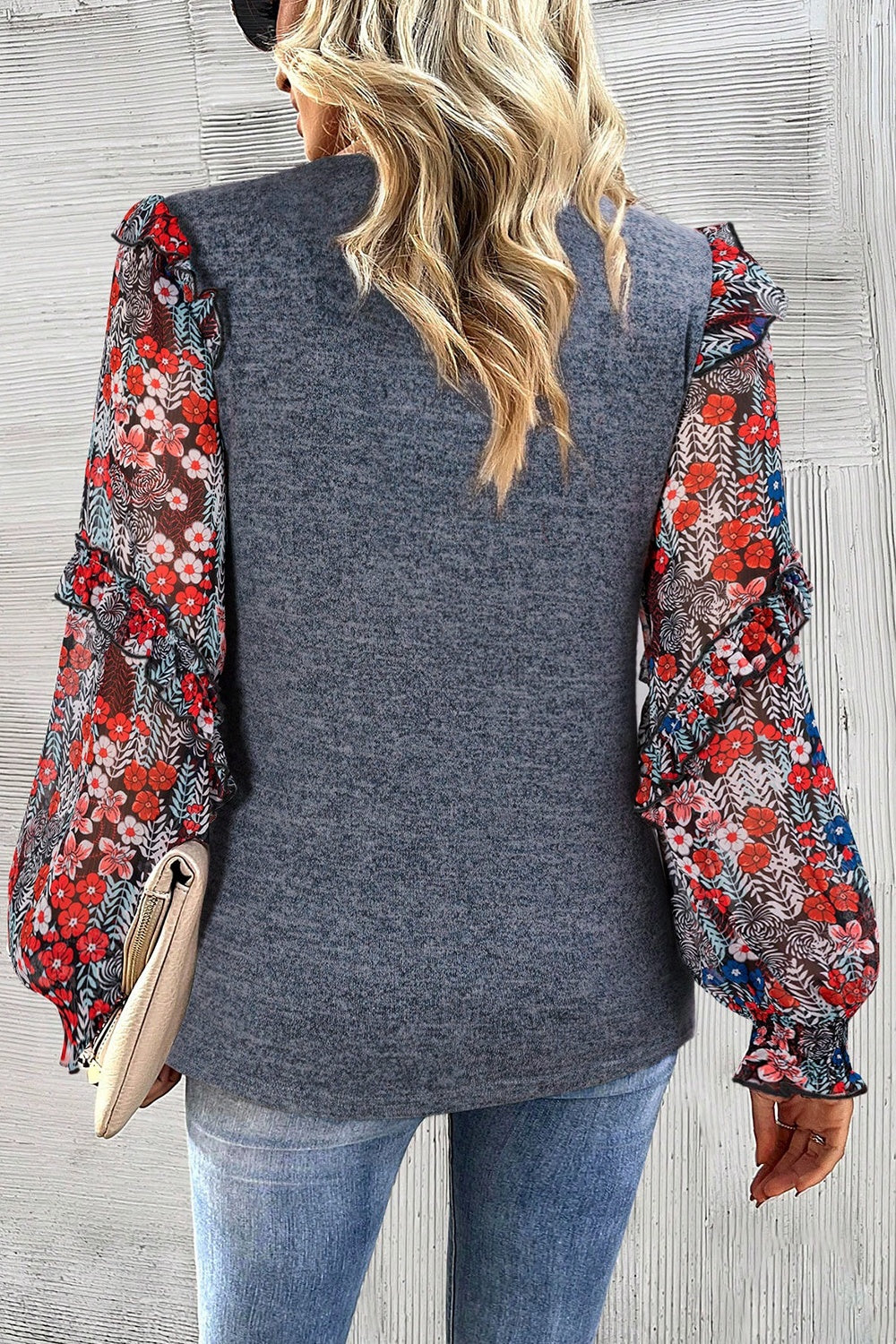 Heathered Floral Frill Lantern Sleeve Blouse Blouse Trendsi   