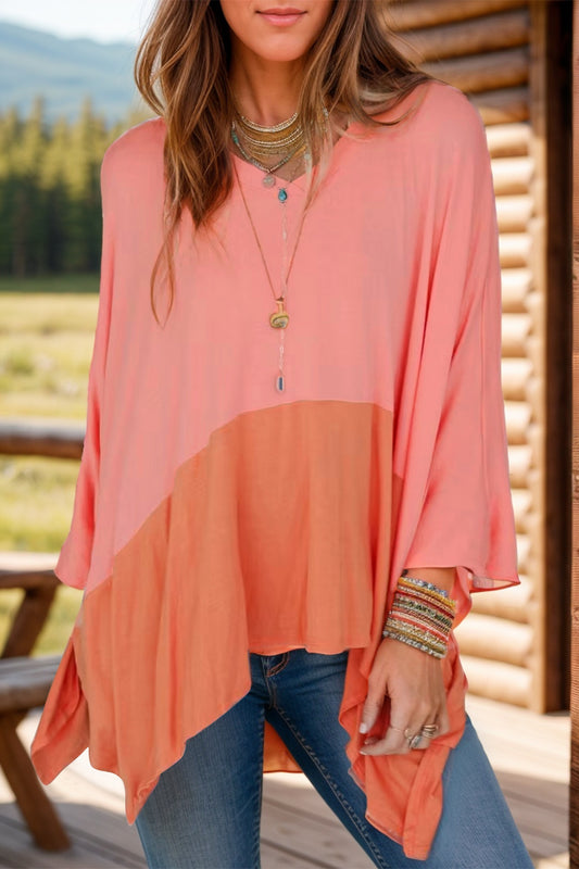 Contrast V-Neck Batwing Sleeve Blouse Blouse Trendsi Sherbet S 