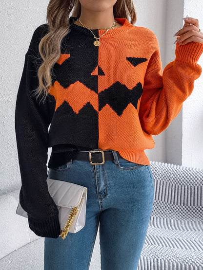 Contrast Round Neck Long Sleeve Sweater  Trendsi   