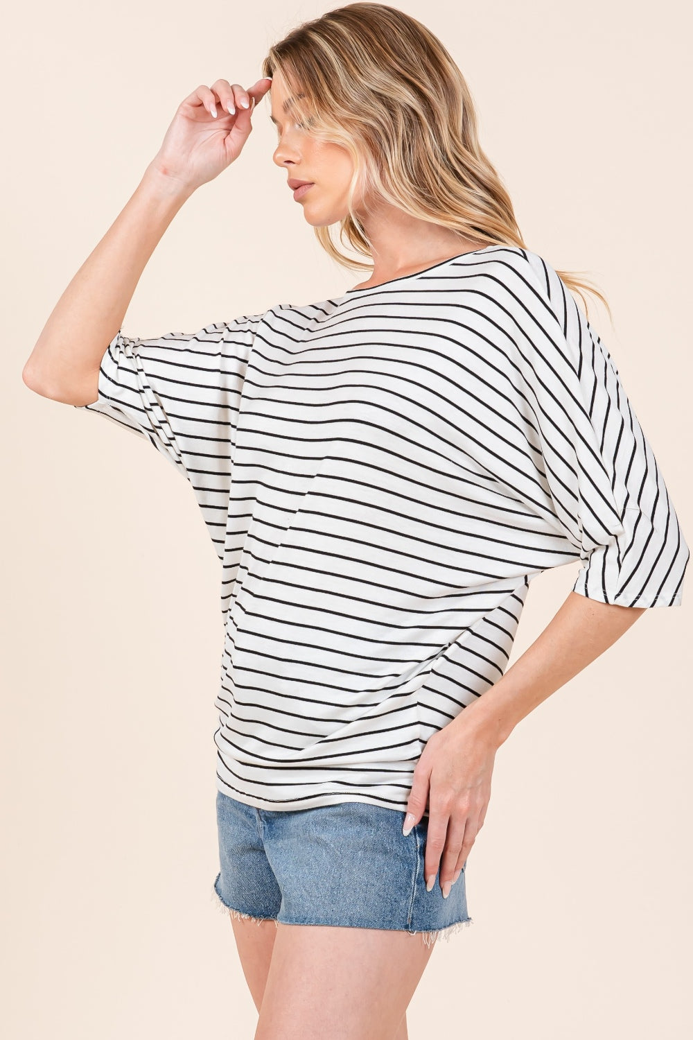 BOMBOM Striped Boat Neck Dolman Sleeve Top  Trendsi   