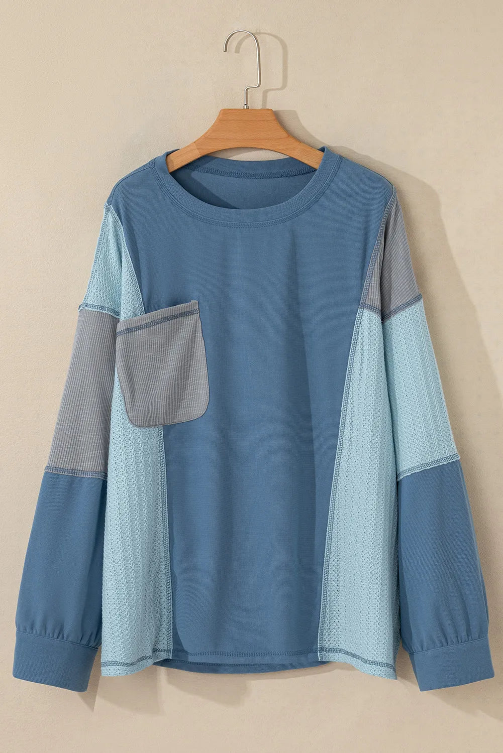 Patchwork Color Block Round Neck Long Sleeve Top Blouse Trendsi   