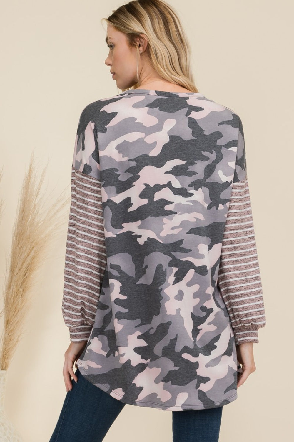 Celeste Full Size Camo Print High-Low T-Shirt with Stripe Sleeves  Trendsi   