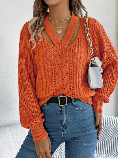 Cutout V-Neck Long Sleeve Sweater  Trendsi   