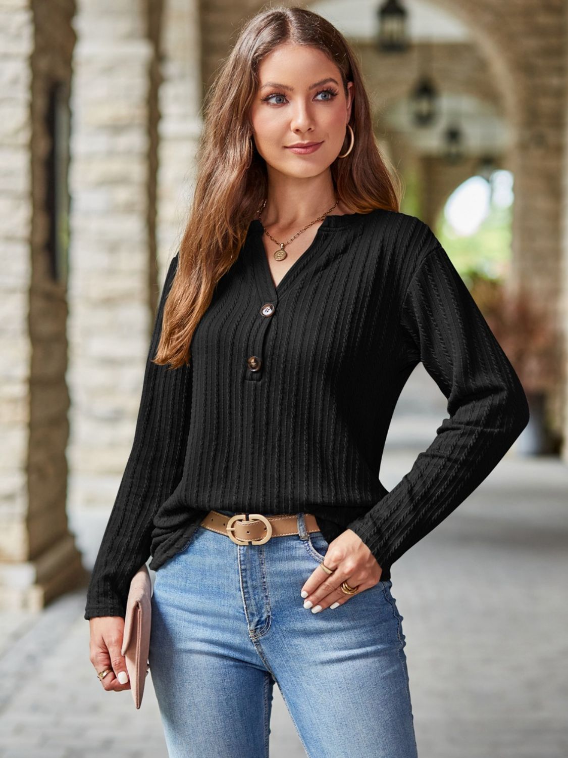 Mandy Notched Long Sleeve T-Shirt  Trendsi   