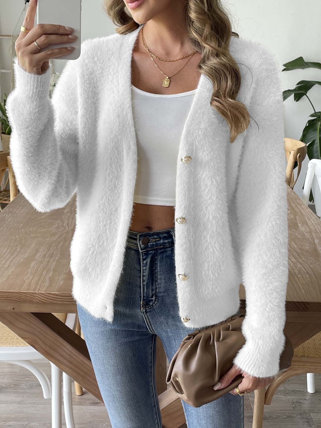 Button Up V-Neck Long Sleeve Cardigan  Trendsi White S 