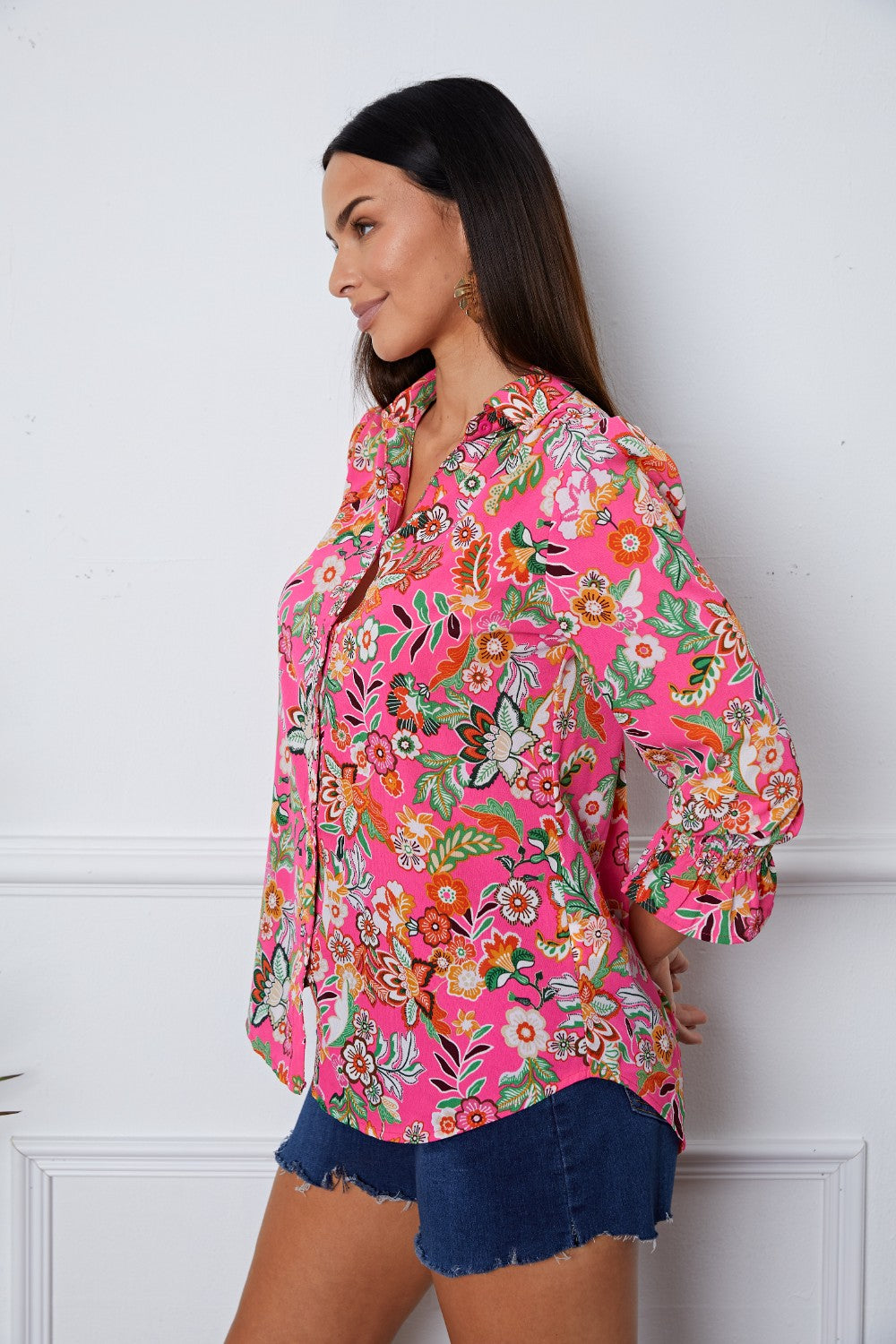 Floral Button Up Flounce Sleeve Shirt Blouse Trendsi   