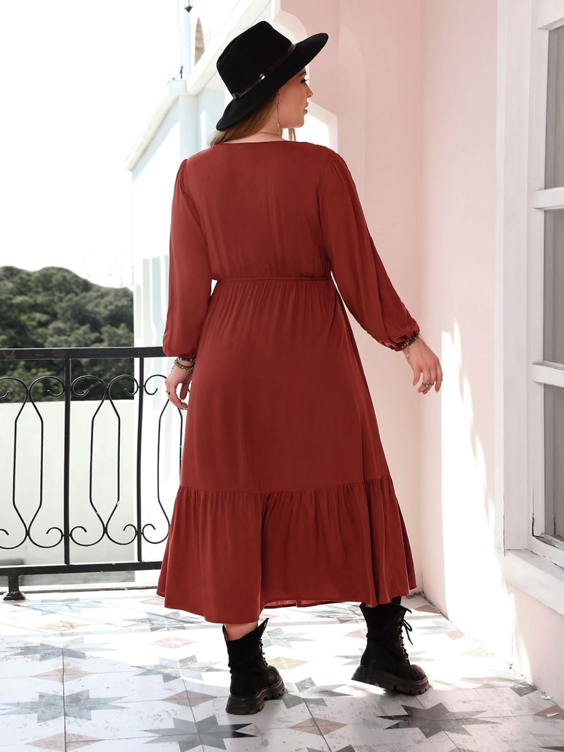 Plus Size Quarter Button V-Neck Long Sleeve Dress Dress Trendsi   