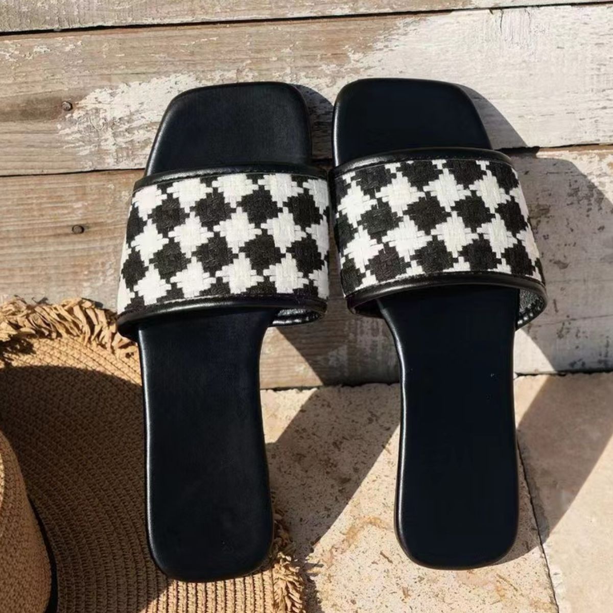 Plaid Open Toe Flat Sandals  Trendsi Black 36(US5) 