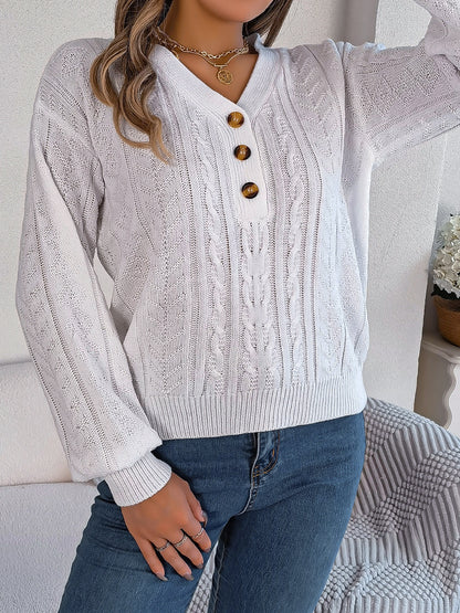 Cable-Knit V-Neck Long Sleeve Sweater  Trendsi   