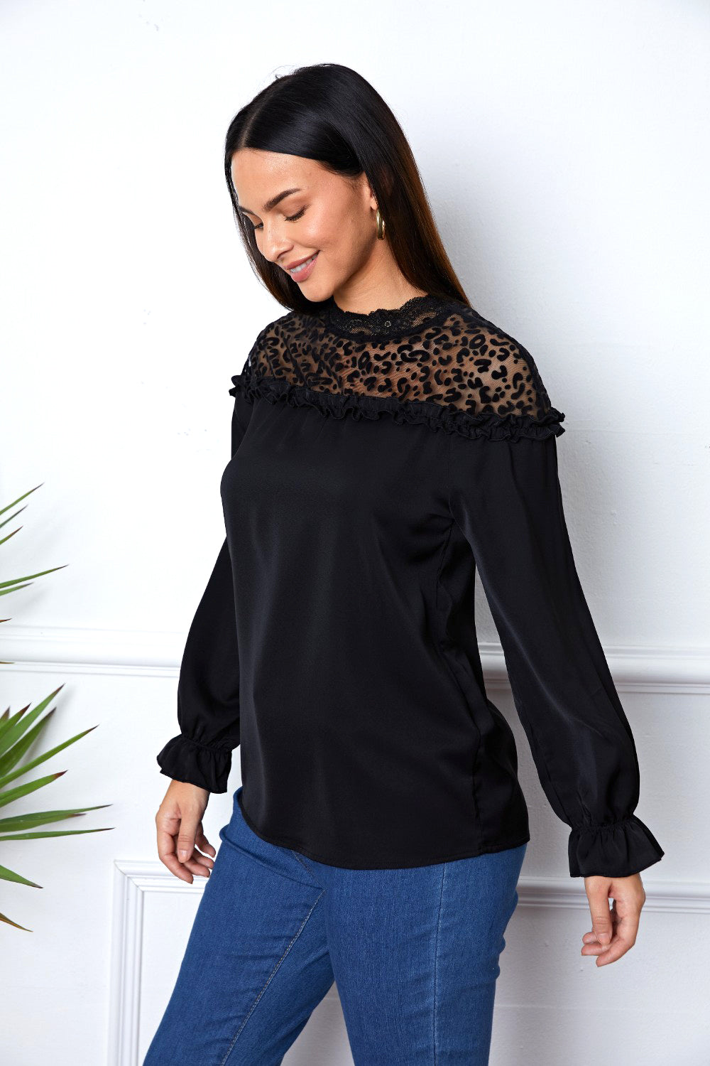 Leopard Frill Flounce Sleeve Blouse Blouse Trendsi   