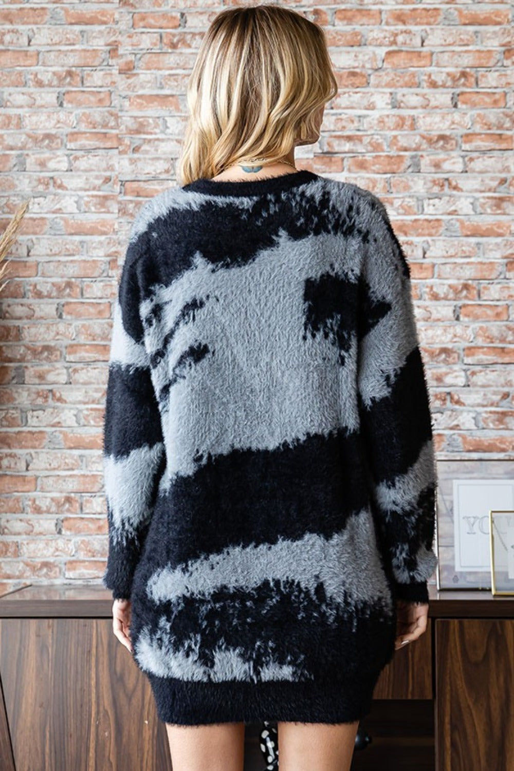 First Love Full Size Abstract Pattern Contrast Feather Yarn Sweater Luxe Trendsi   