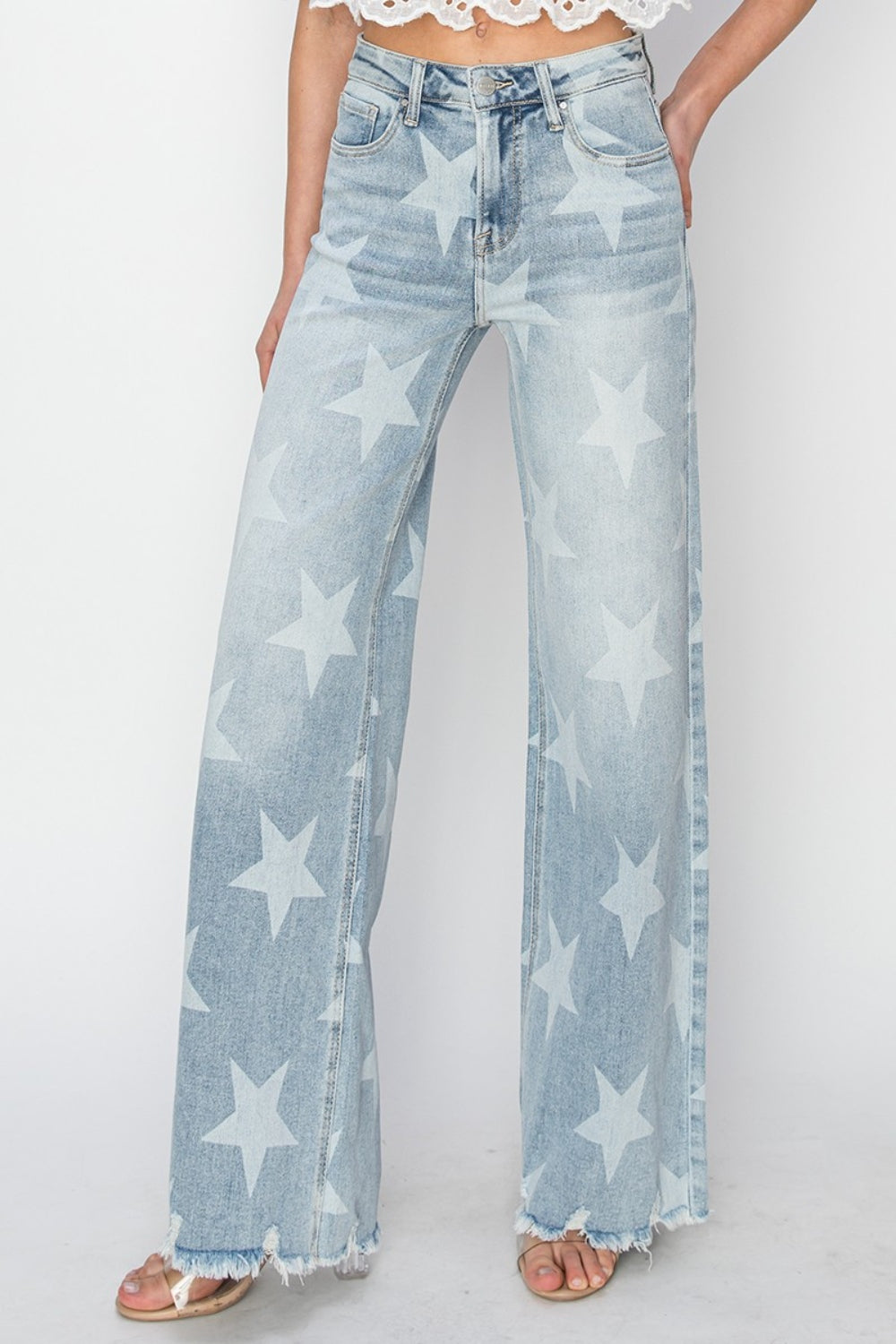 RISEN Full Size Raw Hem Star Wide Leg Jeans  Trendsi Light 0 