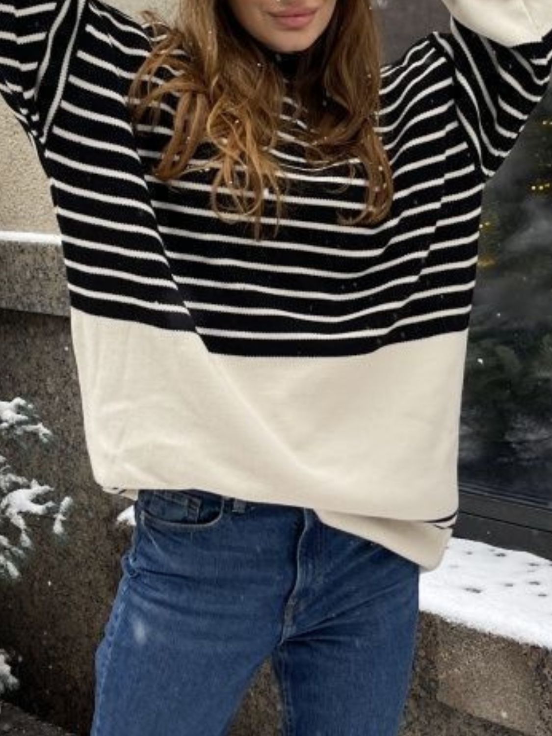 Striped Mock Neck Long Sleeve Sweater  Trendsi   