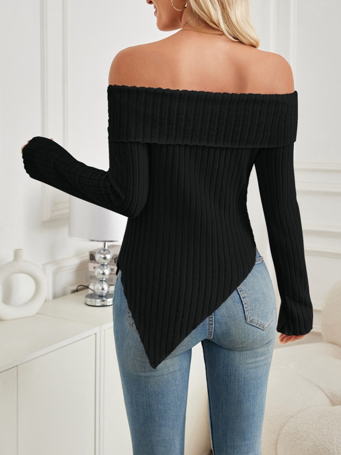 Ribbed Asymmetrical Hem Off-Shoulder Long Sleeve T-Shirt T-Shirt Trendsi   