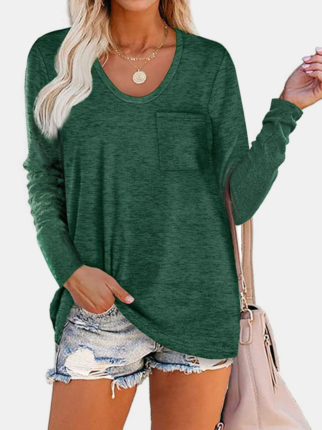 Round Neck Long Sleeve T-Shirt T-Shirt Trendsi Dark Green S 