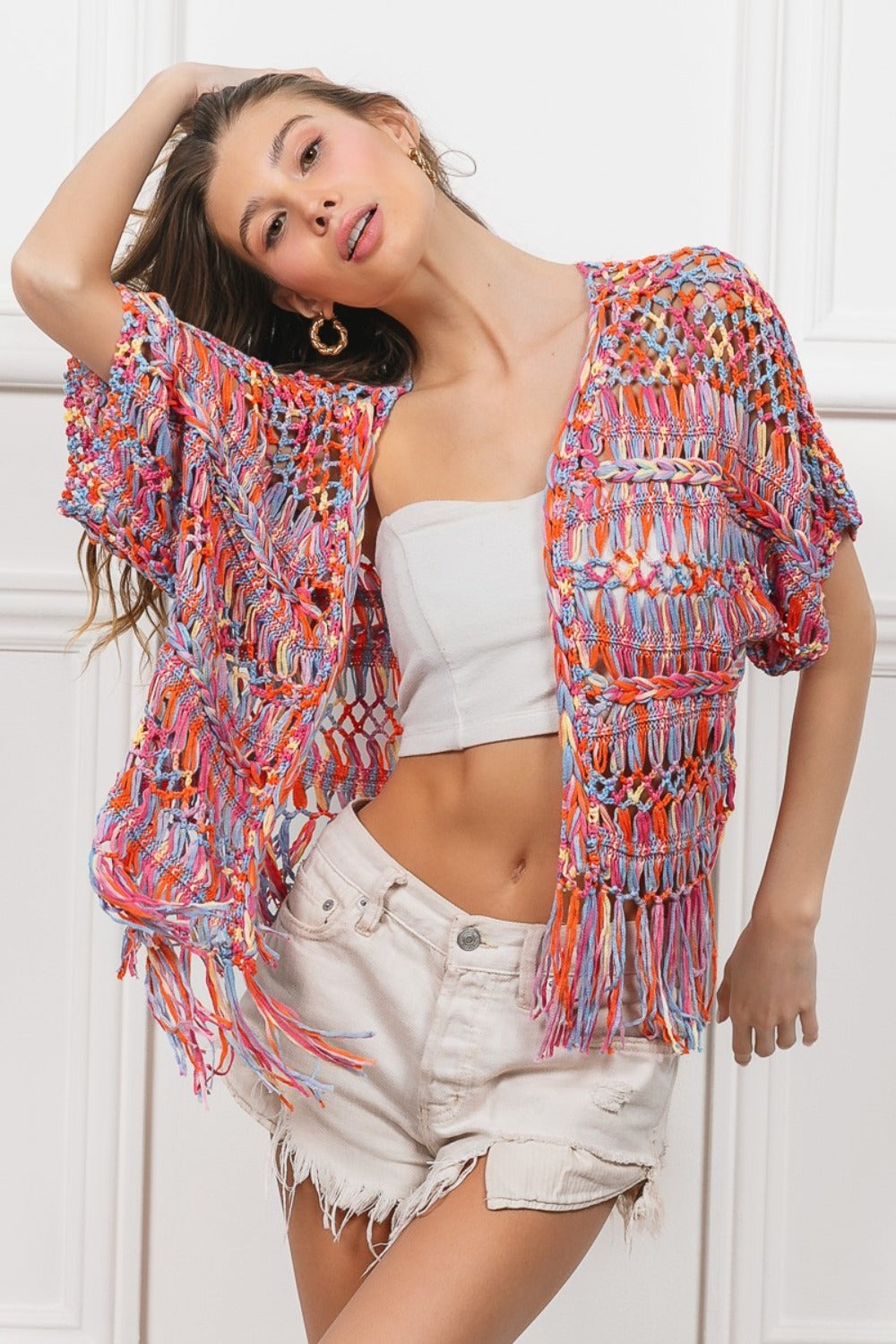 BiBi Open Front Fringed Crop Knit Cardigan Luxe Trendsi   