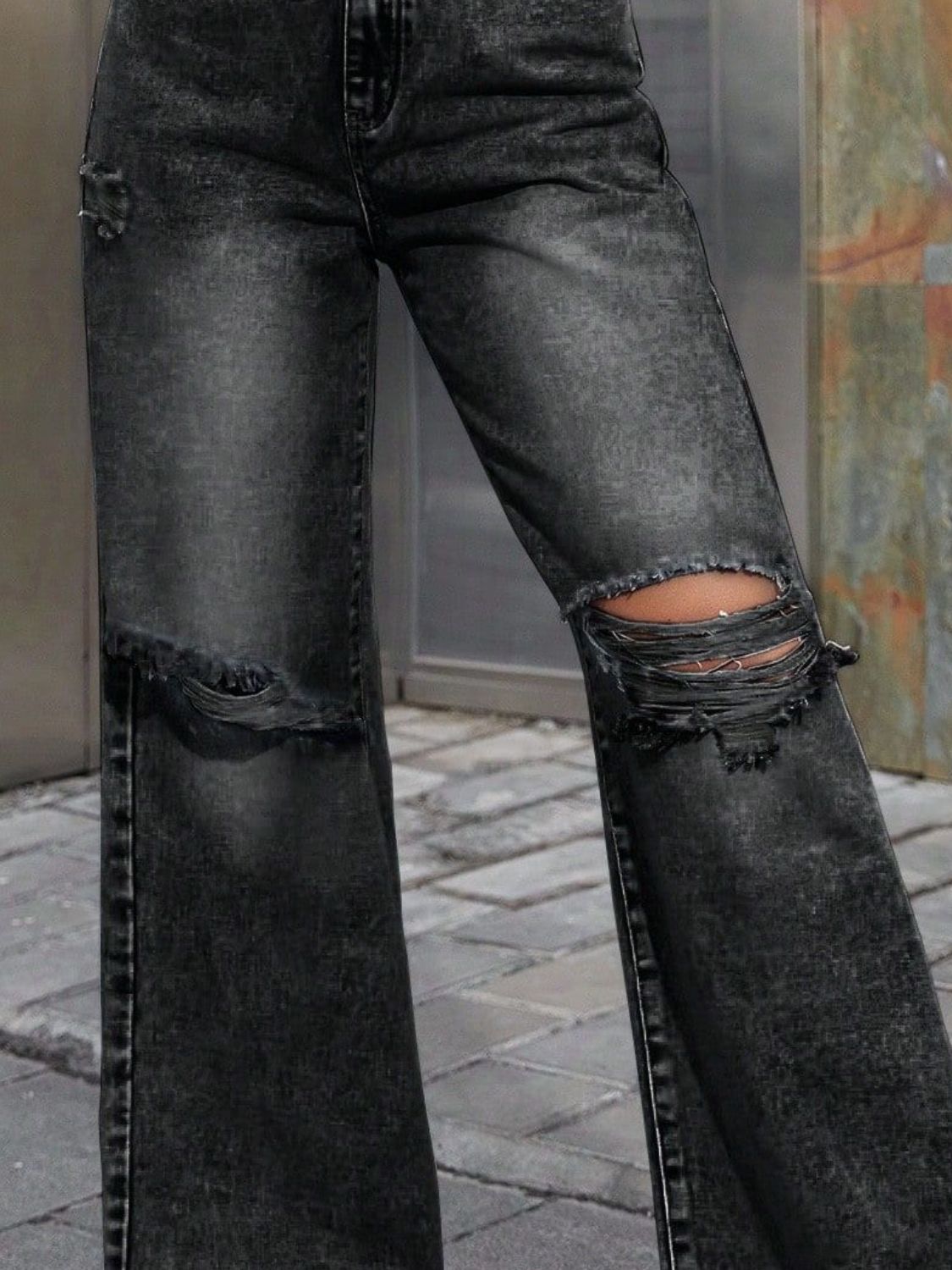 Distressed Wide Leg Jeans with Pockets  Trendsi   