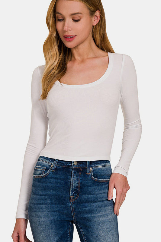 Zenana Scoop Neck Long Sleeve T-Shirt  Trendsi White S 