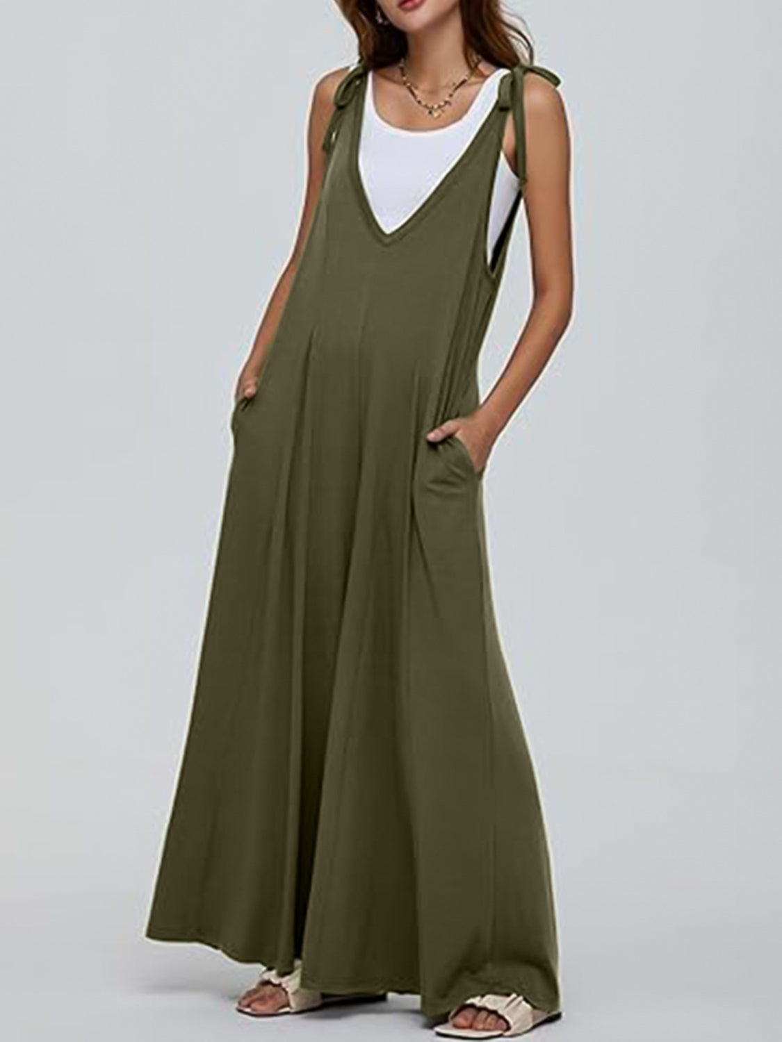 V-Neck Tie Shoulder Jumpsuit  Trendsi Army Green S 