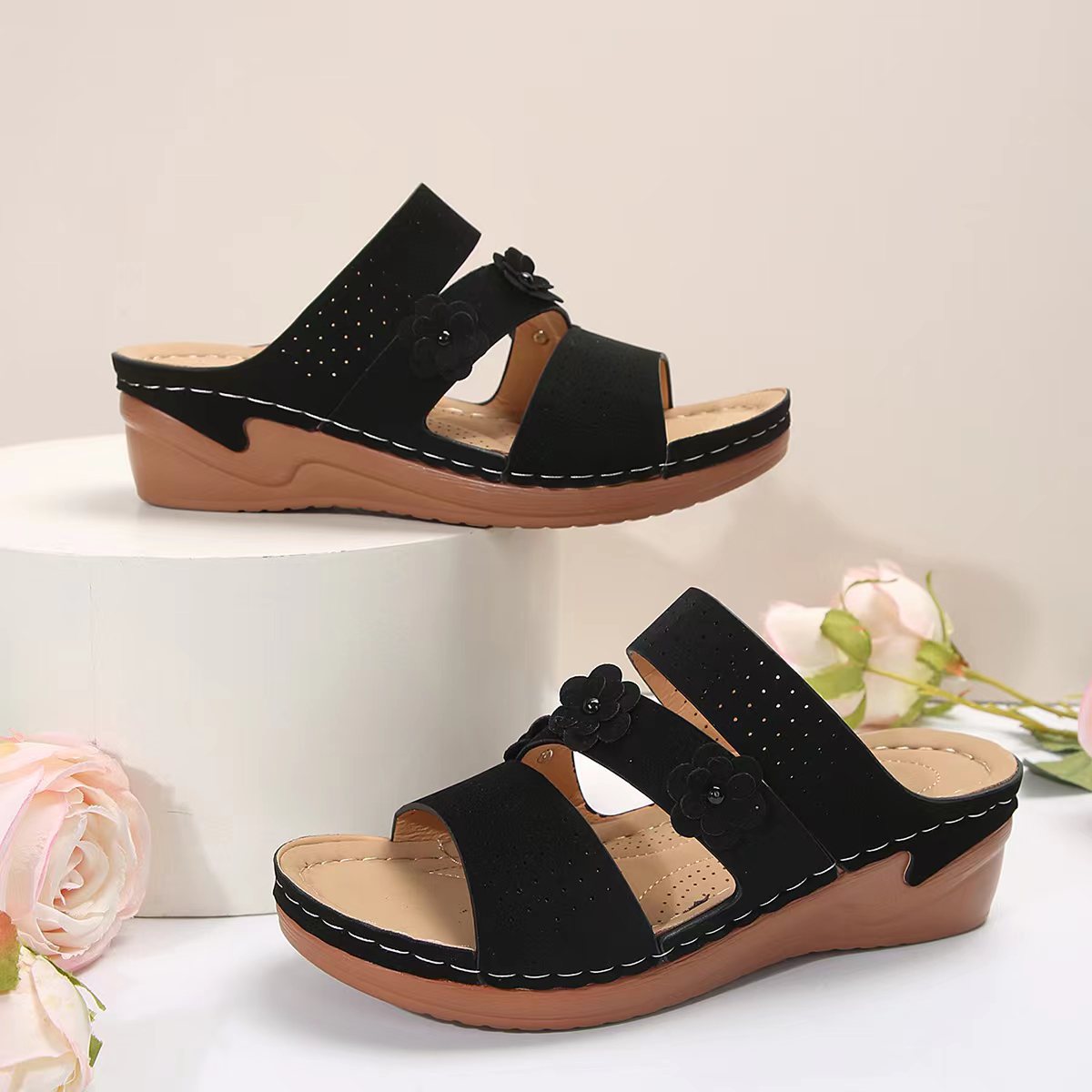 Flower PU Leather Wedge Sandals  Trendsi Black 36(US5) 