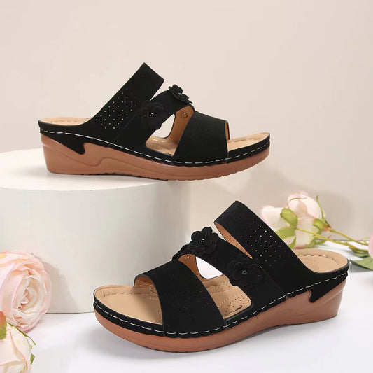 Flower PU Leather Wedge Sandals  Trendsi Black 36(US5) 