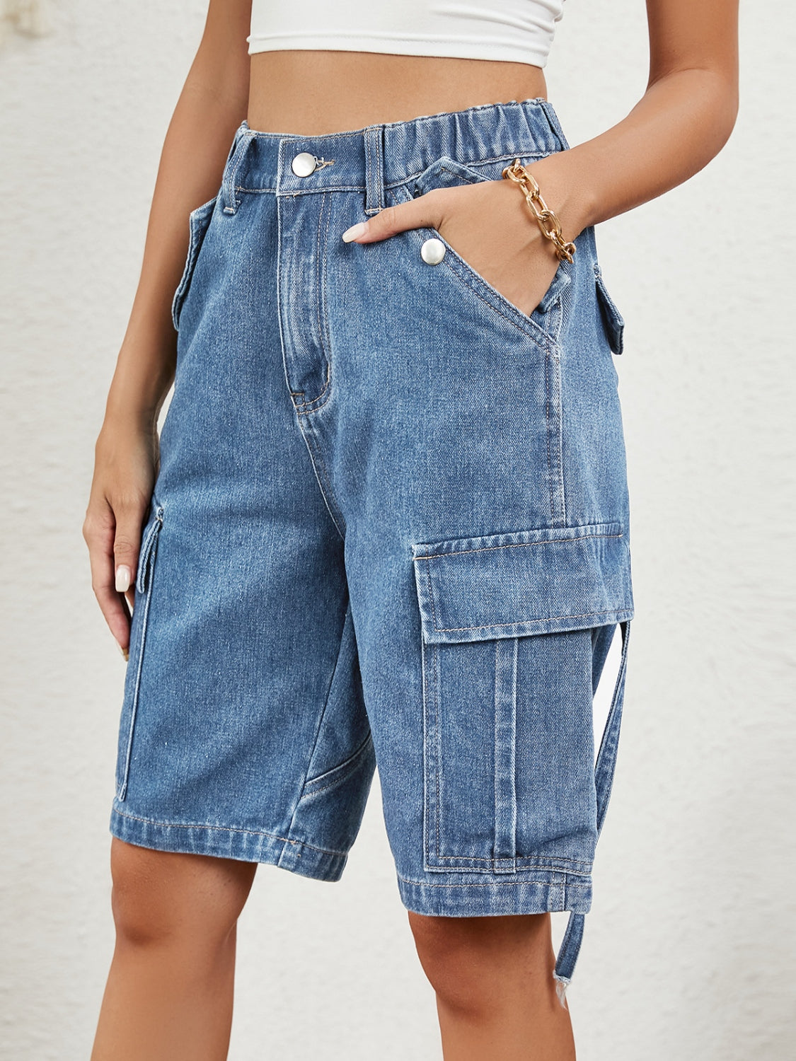 Buttoned Elastic Waist Denim Shorts with Pockets  Trendsi   