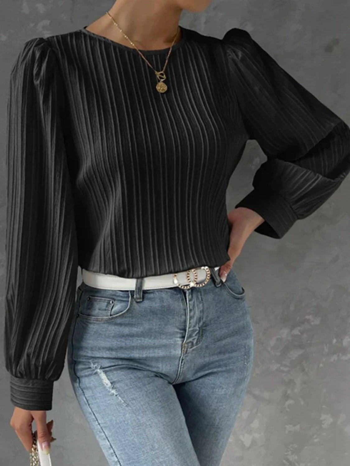 Round Neck Long Sleeve Blouse  Trendsi Black S 