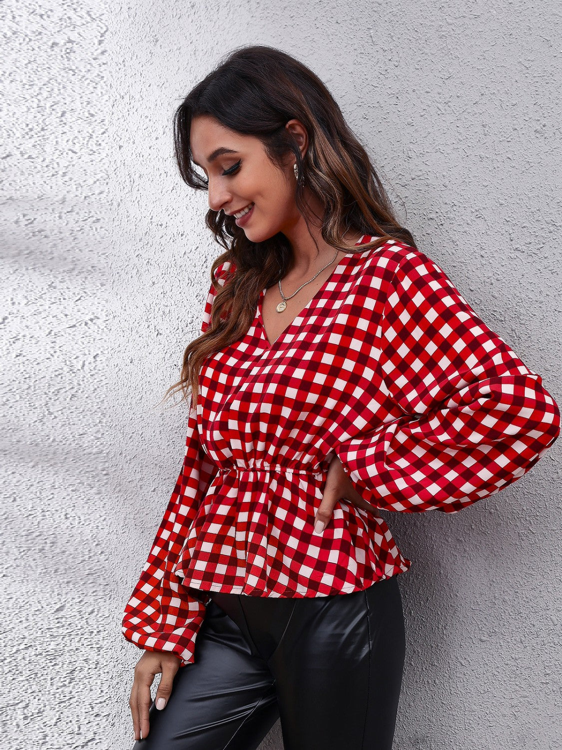 Plaid V-Neck Balloon Sleeve Peplum Blouse Blouse Trendsi   