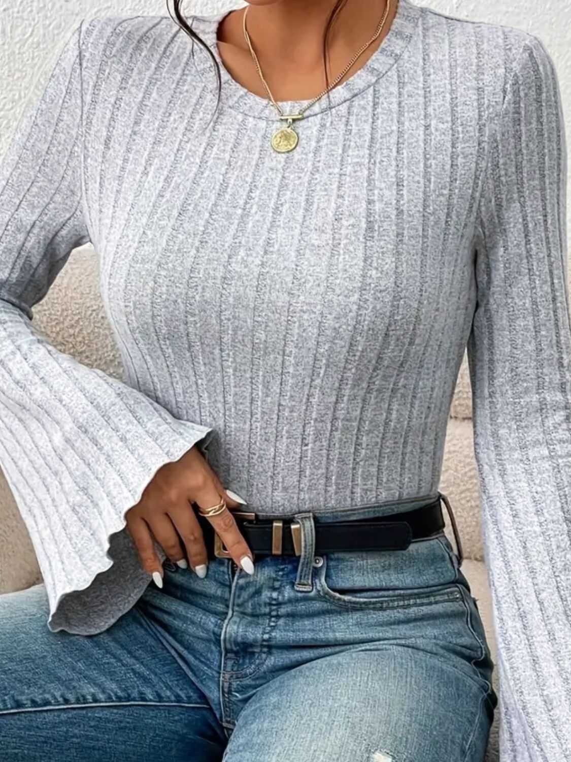 Ribbed Round Neck Flare Sleeve T-Shirt T-Shirt Trendsi   