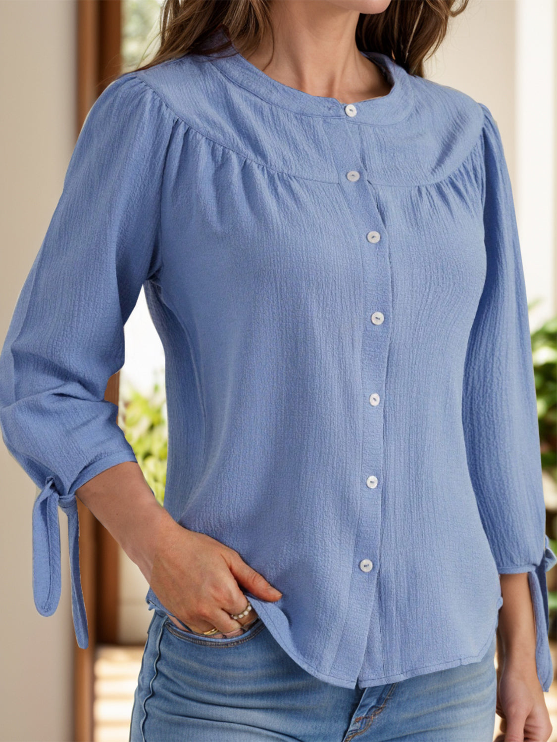 Tied Round Neck Three-Quarter Sleeve Shirt  Trendsi Dusty Blue S 