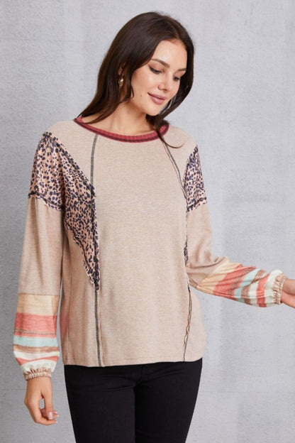 Contrast Stitching Leopard Long Sleeve Blouse Blouse Trendsi   