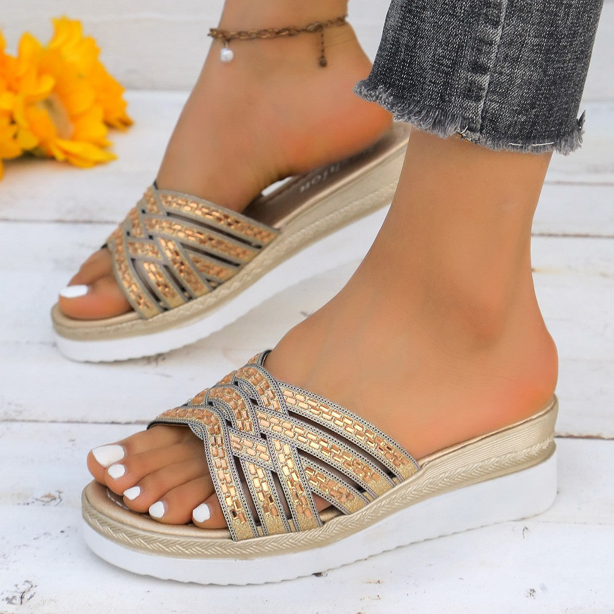 Rhinestone Open Toe Wedge Sandals  Trendsi   