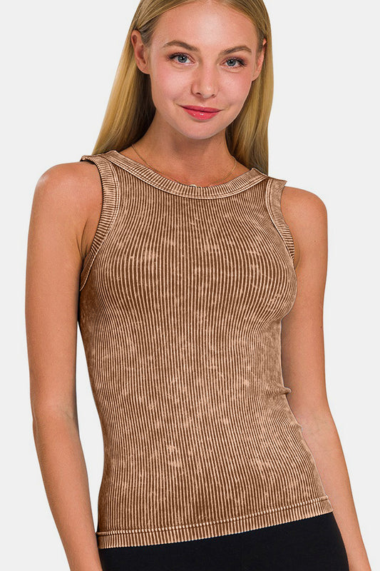 Zenana 2 Way Neckline Washed Ribbed Cropped Tank  Trendsi Dk Camel S/M 