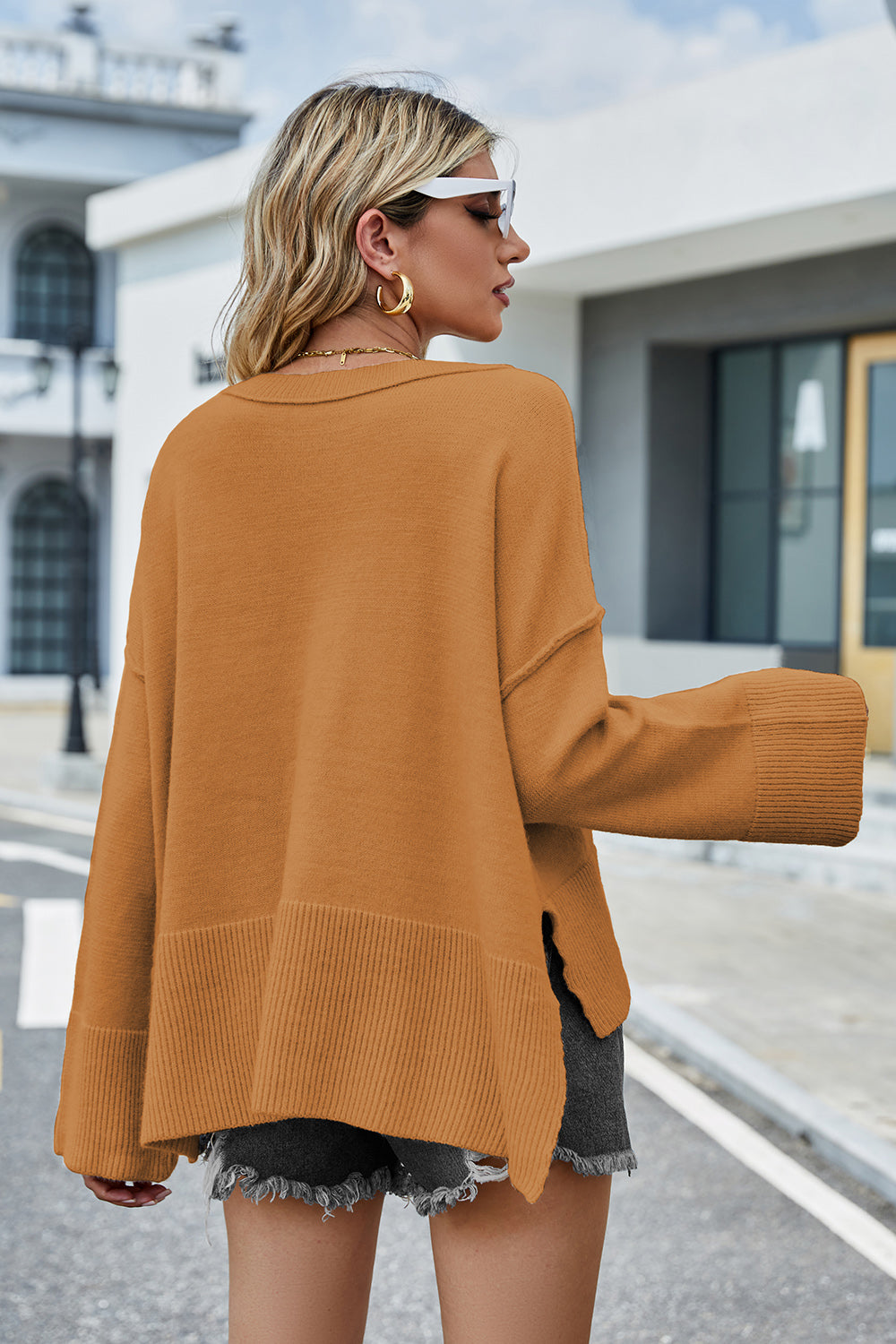 High-Low Slit Round Neck Long Sleeve Sweater  Trendsi   