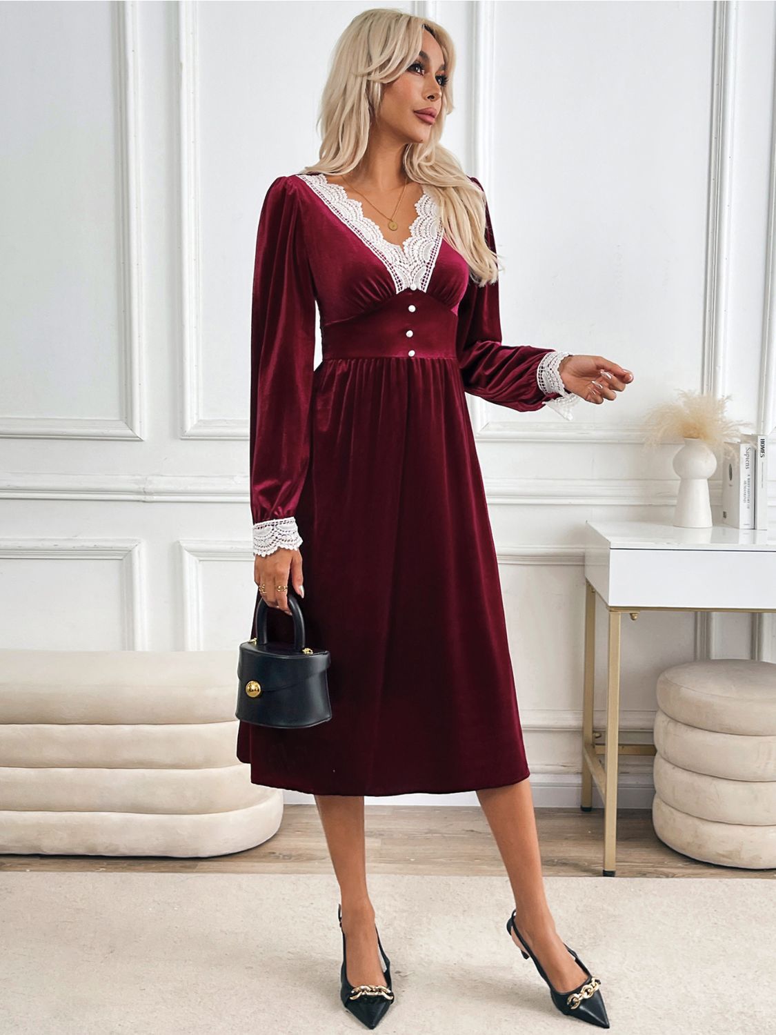 Perfee Lace Detail V-Neck Long Sleeve Midi Dress  Trendsi   