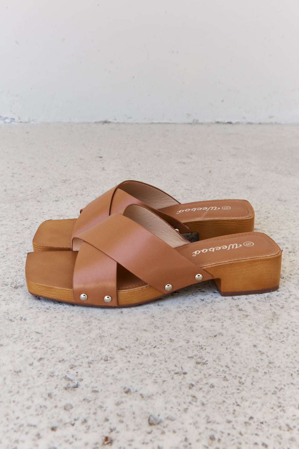 Weeboo Step Into Summer Criss Cross Wooden Clog Mule in Brown  Trendsi   