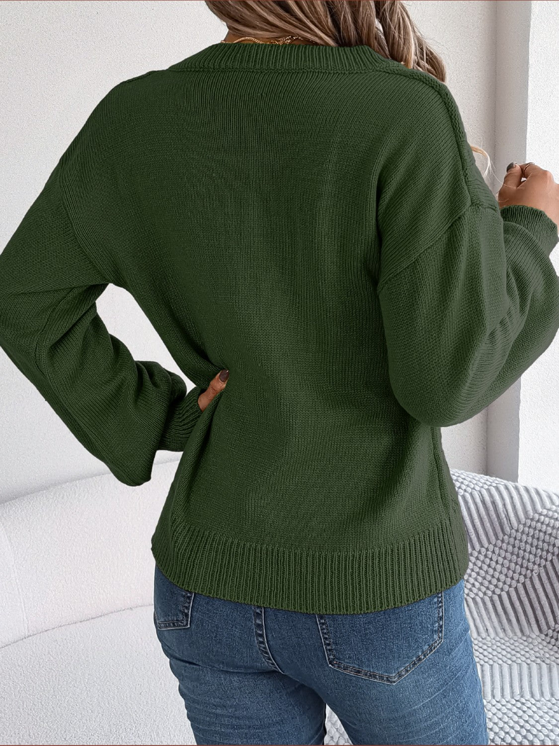 Cable-Knit Buttoned V-Neck Sweater  Trendsi   