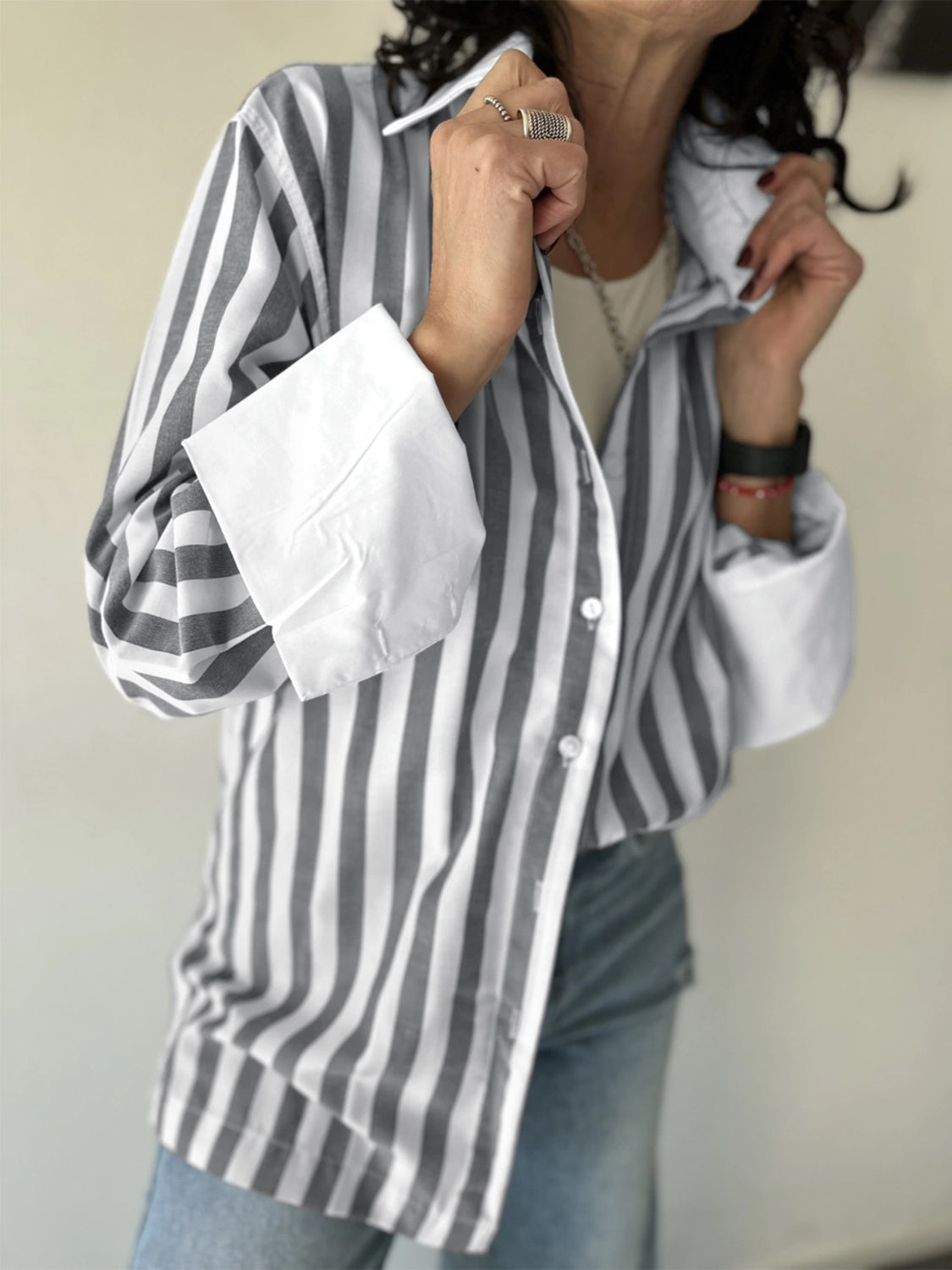 Striped Collared Neck Long Sleeve Shirt Blouse Trendsi   