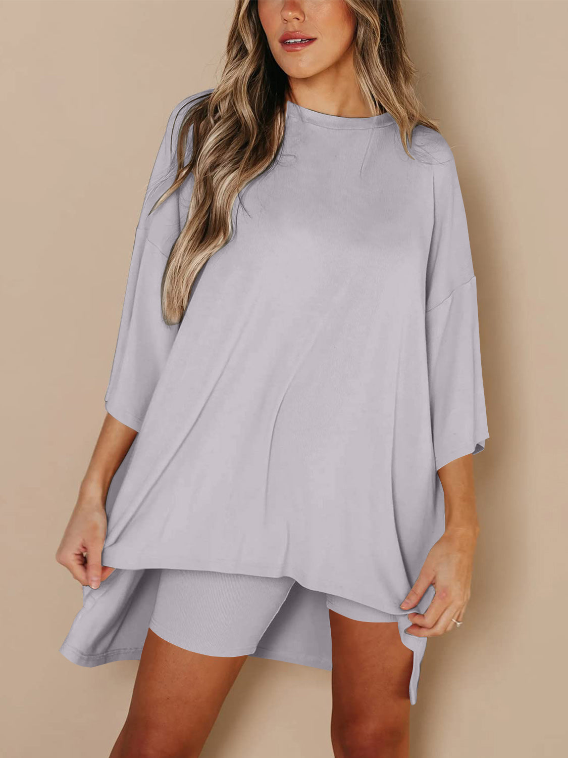 Full Size Round Neck Top and Skinny Shorts Set  Trendsi Gray S 