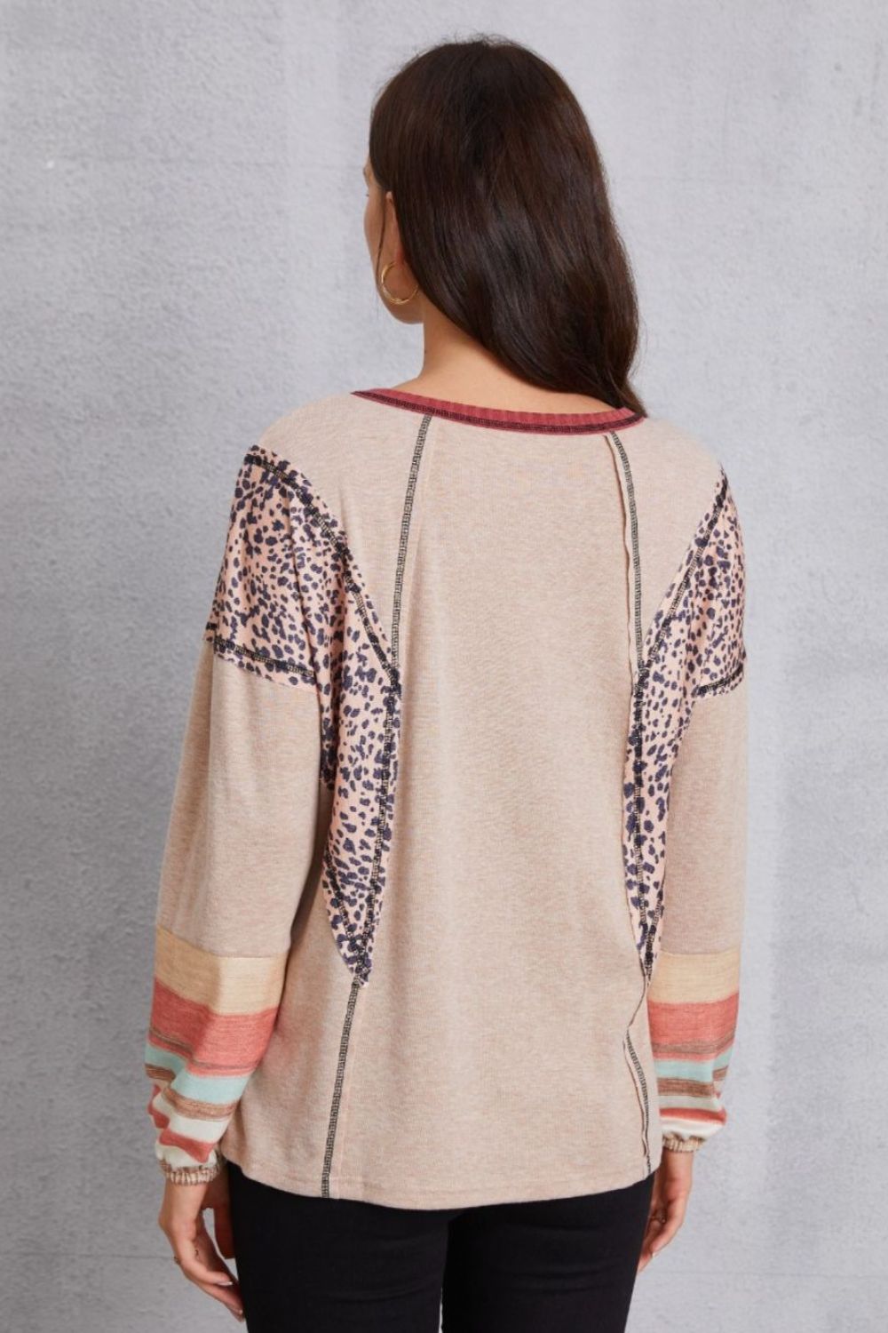 Contrast Stitching Leopard Long Sleeve Blouse Blouse Trendsi   