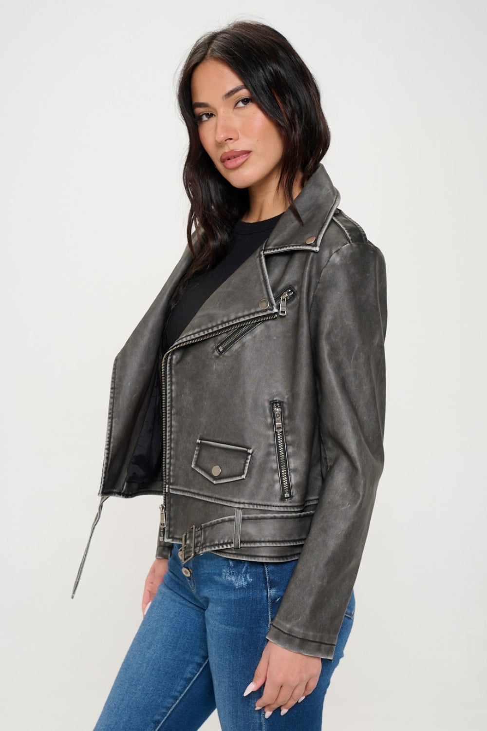 Coalition LA Zip Up Biker Jacket with Belt  Trendsi Black S 