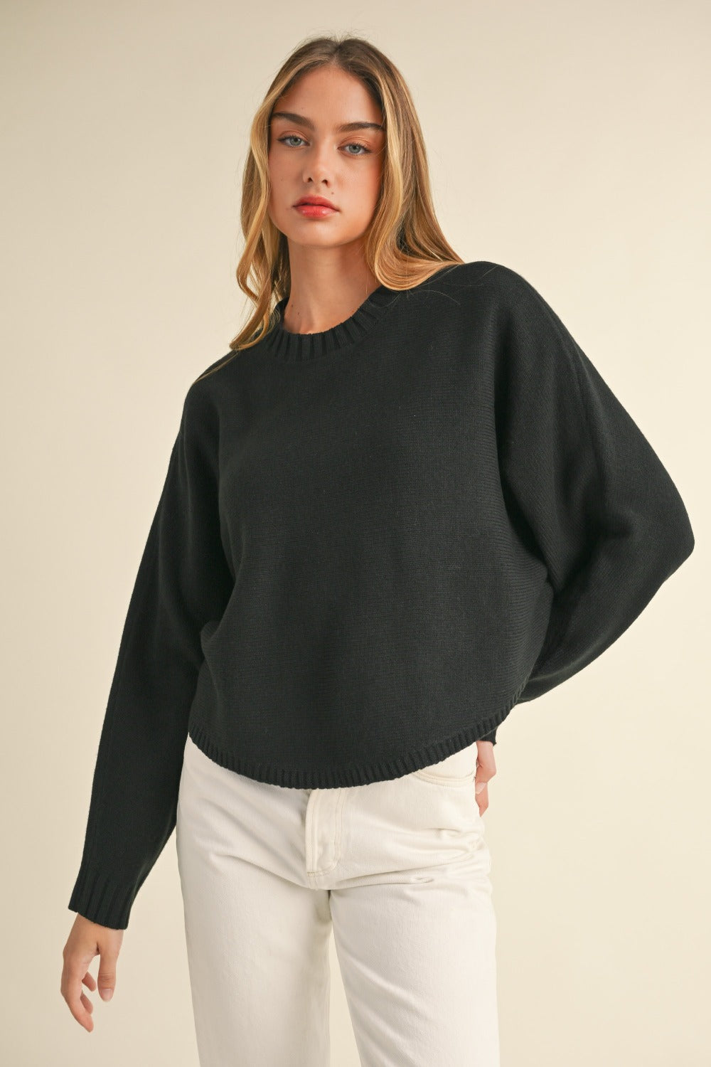 Mable Round Neck Dolman Sleeve Cropped Sweater  Trendsi Black S 