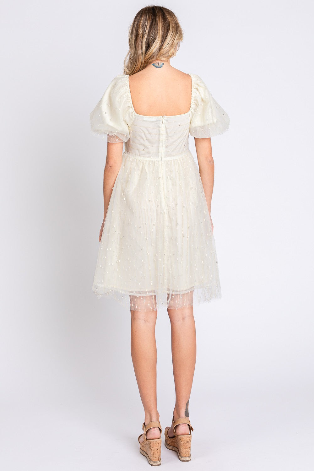 GeeGee Pearl Mesh Puff Sleeve Babydoll Dress  Trendsi   