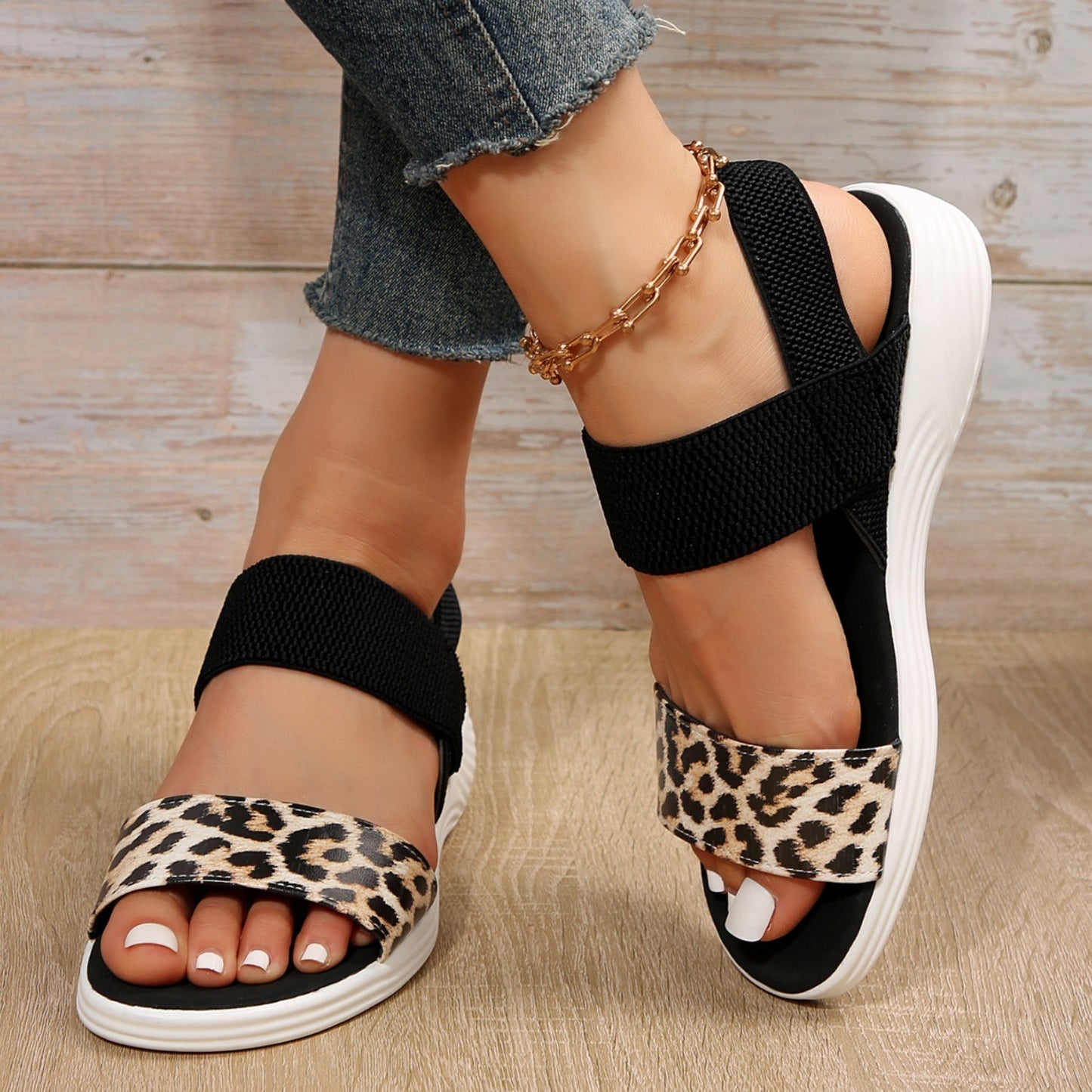 PU Leather Open Toe Low Heel Sandals  Trendsi Leopard 36(US5) 